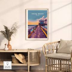 Cocoa Beach Boardwalk Print - Florida Sunset Wall Art displayed in a stylish room with coastal decor.