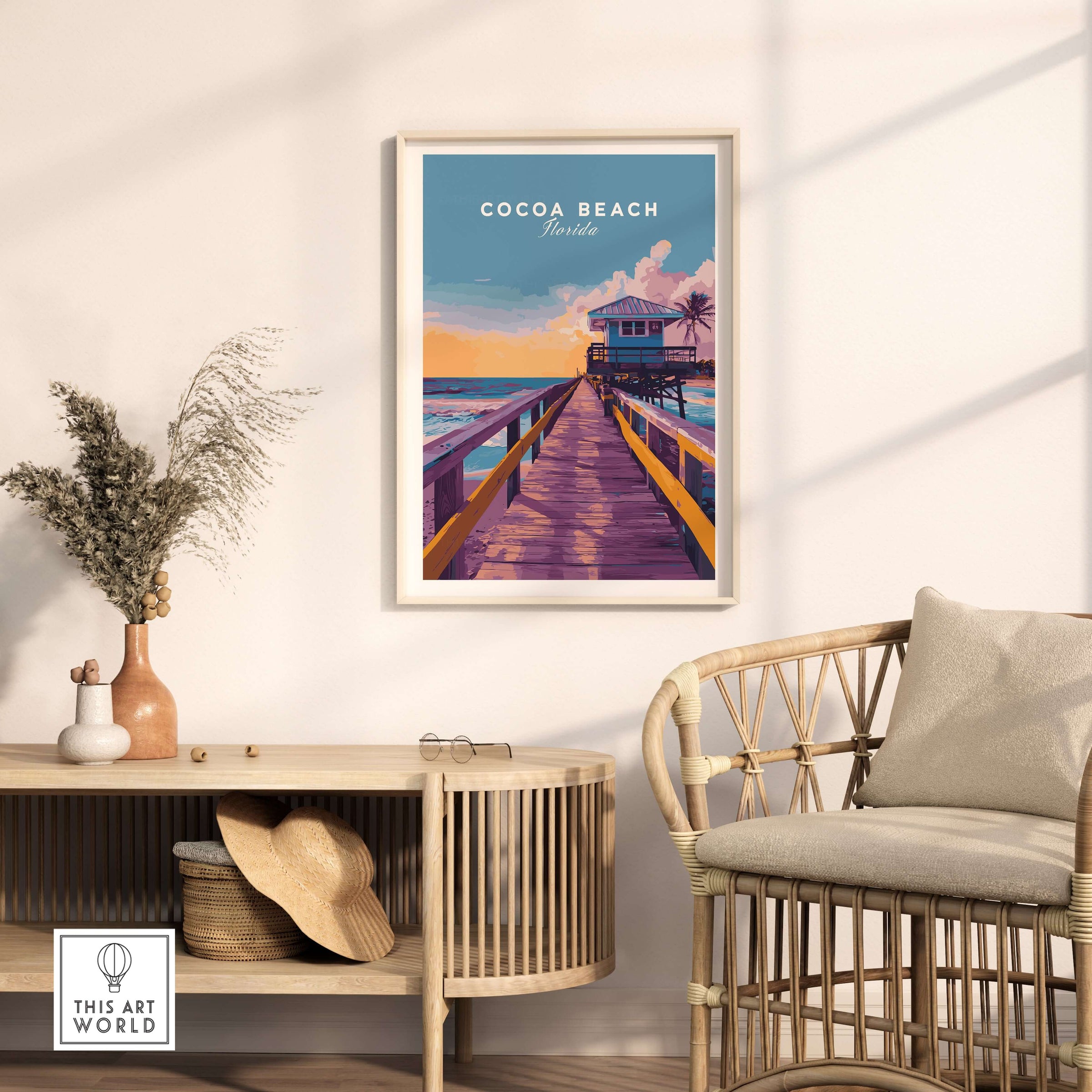 Cocoa Beach Boardwalk Print - Florida Sunset Wall Art displayed in a stylish room with coastal decor.
