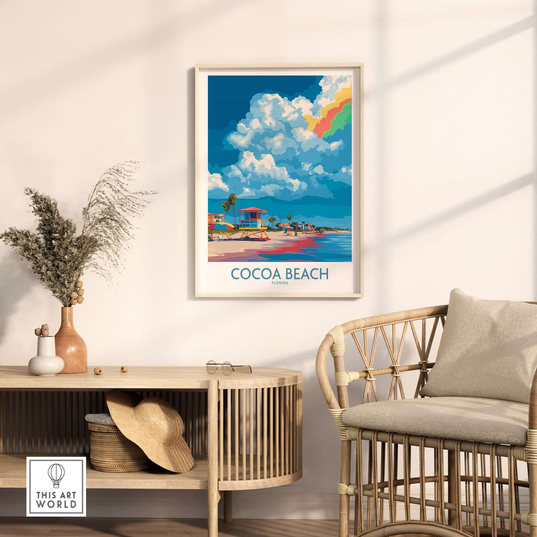 Cocoa Beach Rainbow Cloud Poster in stylish room decor, showcasing vibrant colors and Florida's scenic coastline.