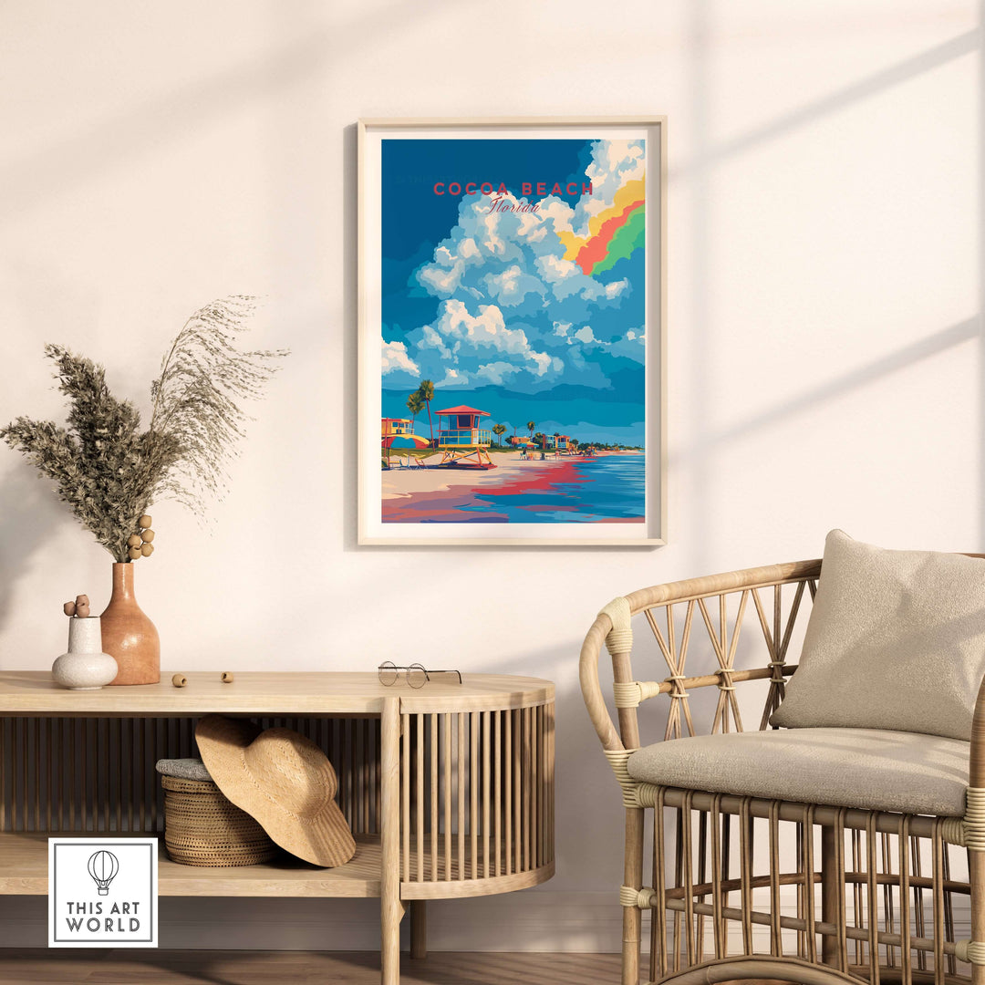 Colorful Cocoa Beach lifeguard stand print in a stylish living room setting, showcasing beach vibes and sunny energy.