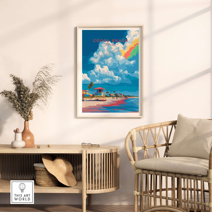 Colorful Cocoa Beach lifeguard stand print in a stylish living room setting, showcasing beach vibes and sunny energy.