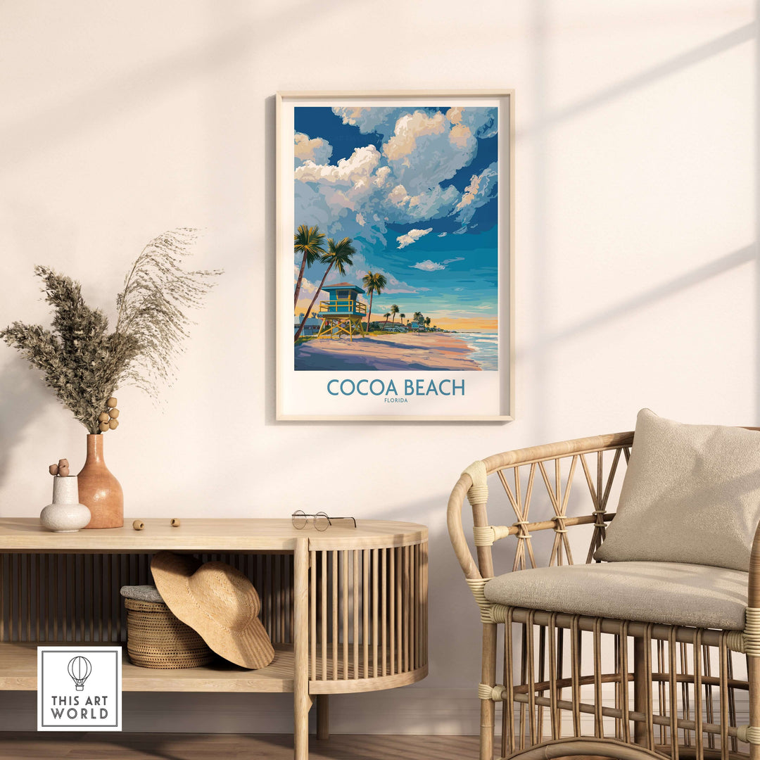 Cocoa Beach Florida oceanfront landscape print displayed in a cozy living room with beach decor elements.