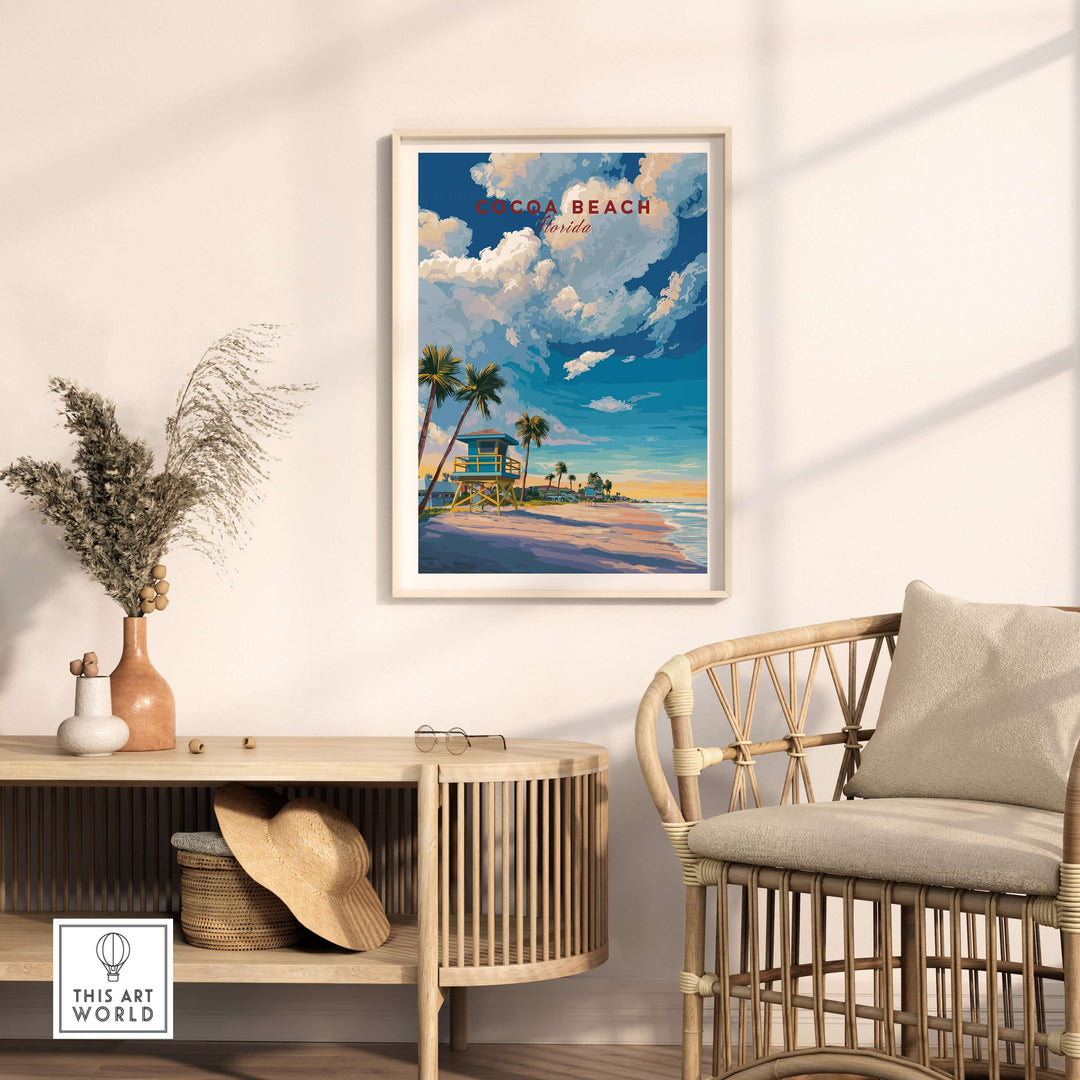 Cocoa Beach lifeguard tower poster featuring palm trees and vibrant sunset in a stylish interior setting.