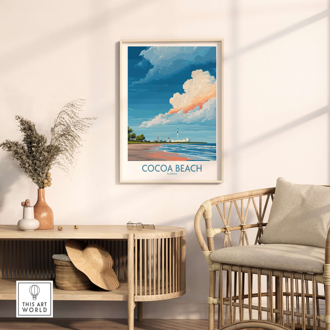 Cocoa Beach Kennedy Space Center poster framed in modern decor showcasing scenic beach view and bright sky.