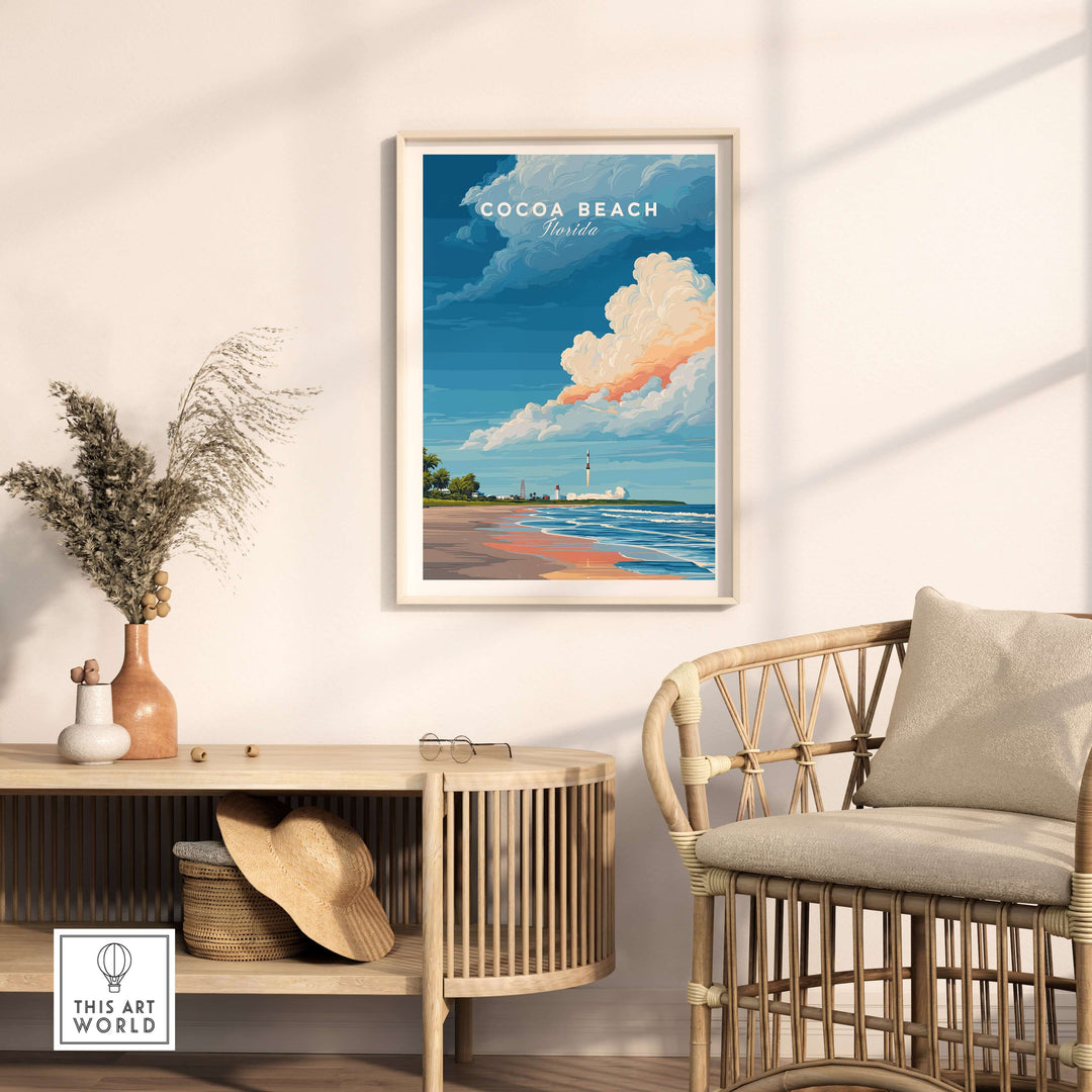 Cocoa Beach Florida rocket launch art print displayed in a modern living room setting, showcasing beach and sky scenery.