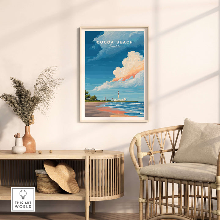 Cocoa Beach Florida rocket launch art print displayed in a modern living room setting, showcasing beach and sky scenery.