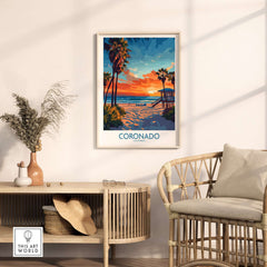 Coronado Print California showcasing vibrant beach sunset and palm trees in a stylish home decor setting.