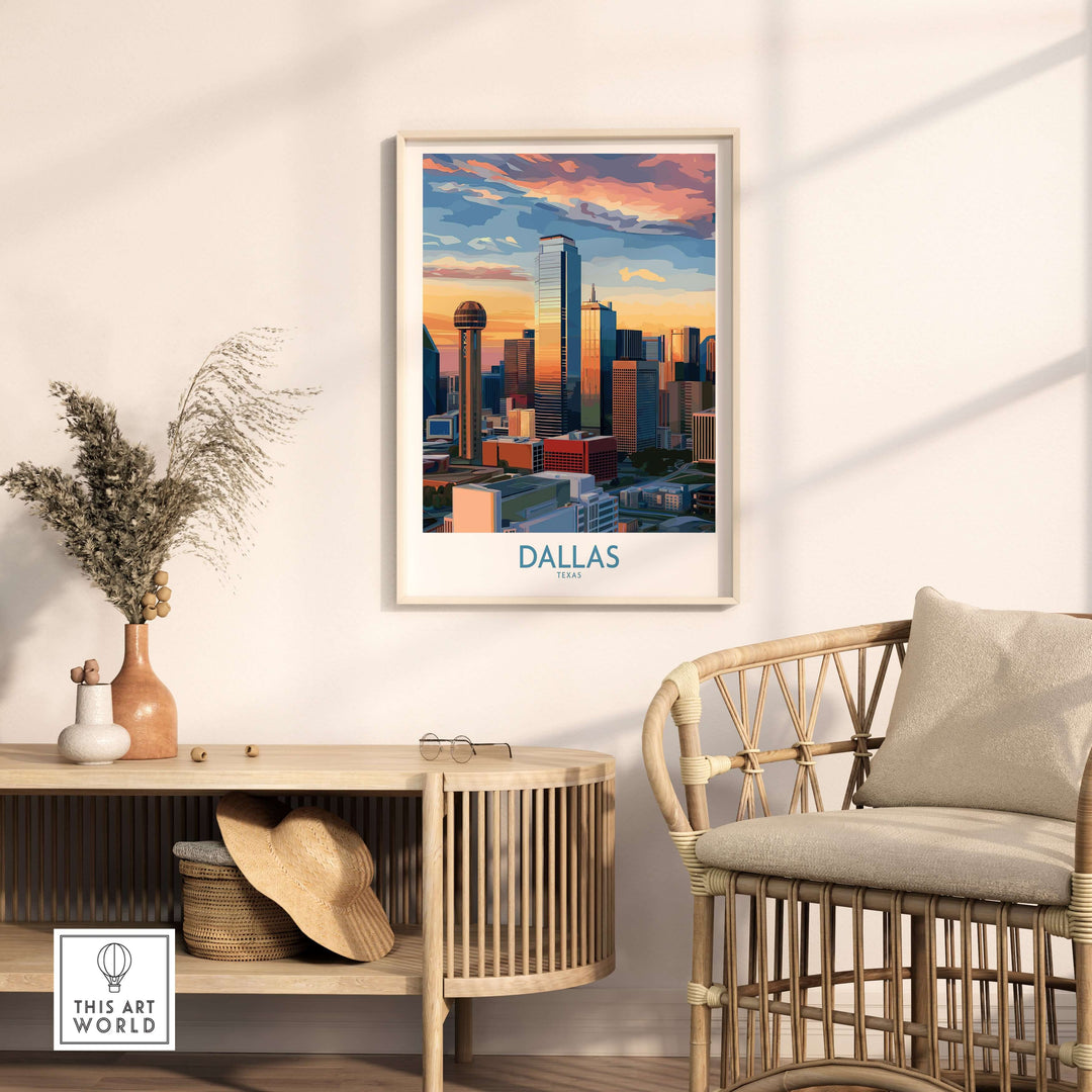 Dallas Texas sunset wall art featuring a vibrant city skyline, perfect for modern decor and travel enthusiasts.