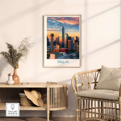 Dallas Texas Sunset Wall Art - Modern City Travel Decor displayed in a stylish living room setting.