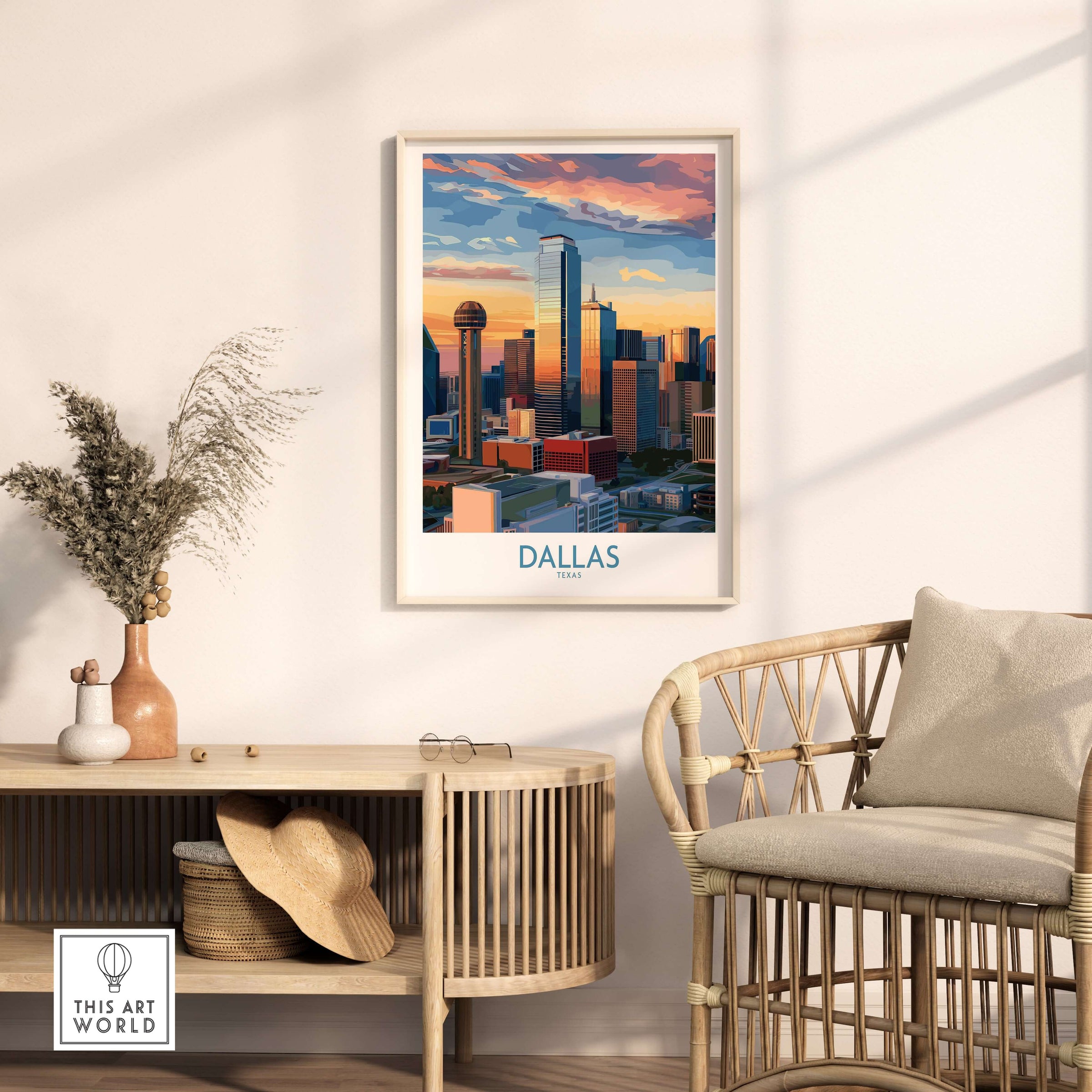 Dallas Texas Sunset Wall Art - Modern City Travel Decor displayed in a stylish living room setting.