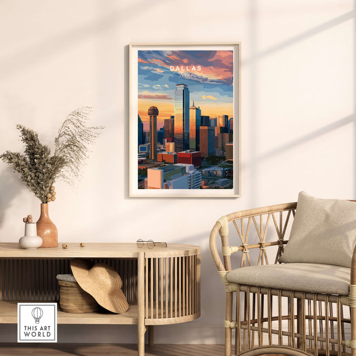 Dallas skyline poster featuring Reunion Tower and downtown cityscape in a stylish home decor setting.