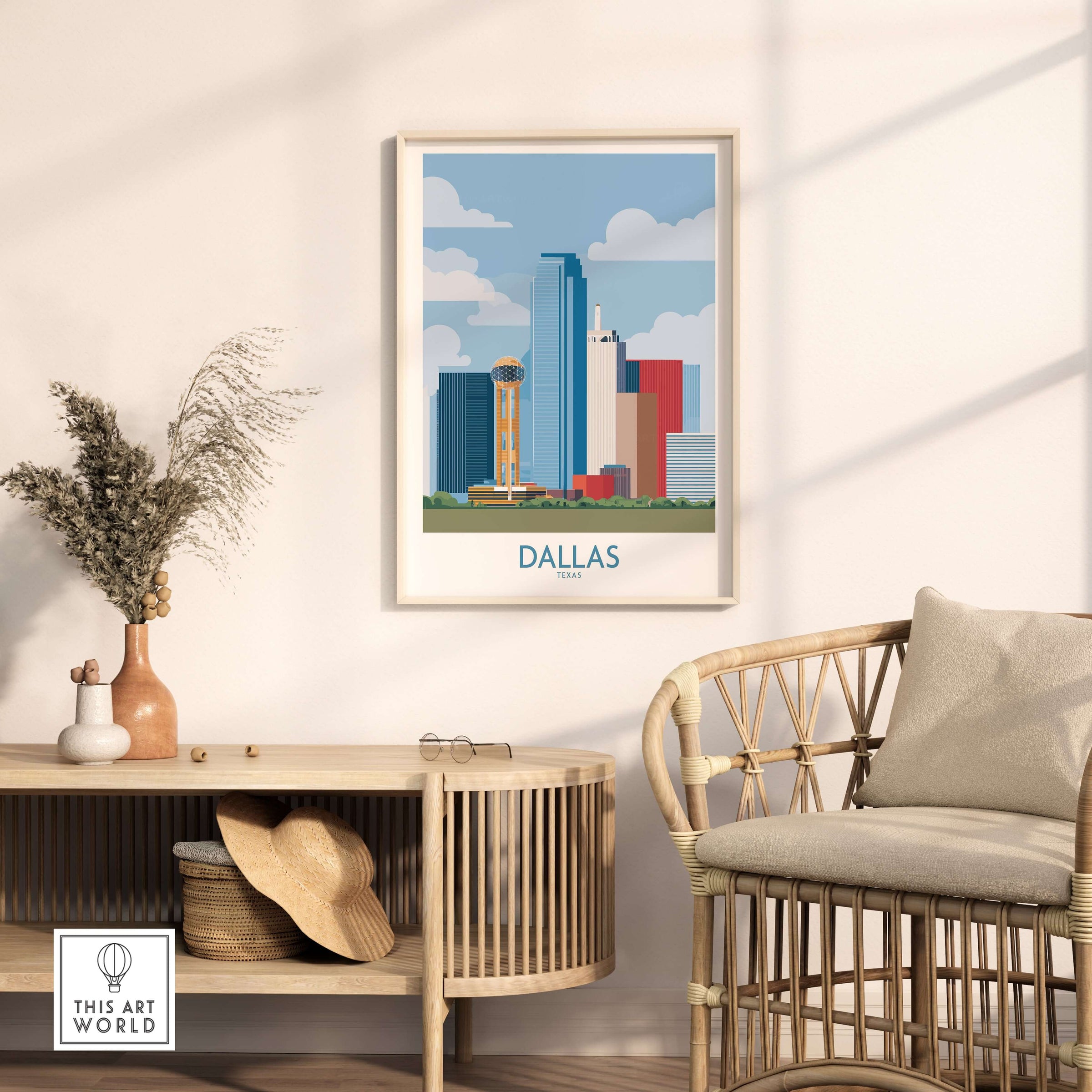 Dallas Cityscape Poster - Texas Travel Wall Art Decor displayed in a cozy living space with wooden furniture.