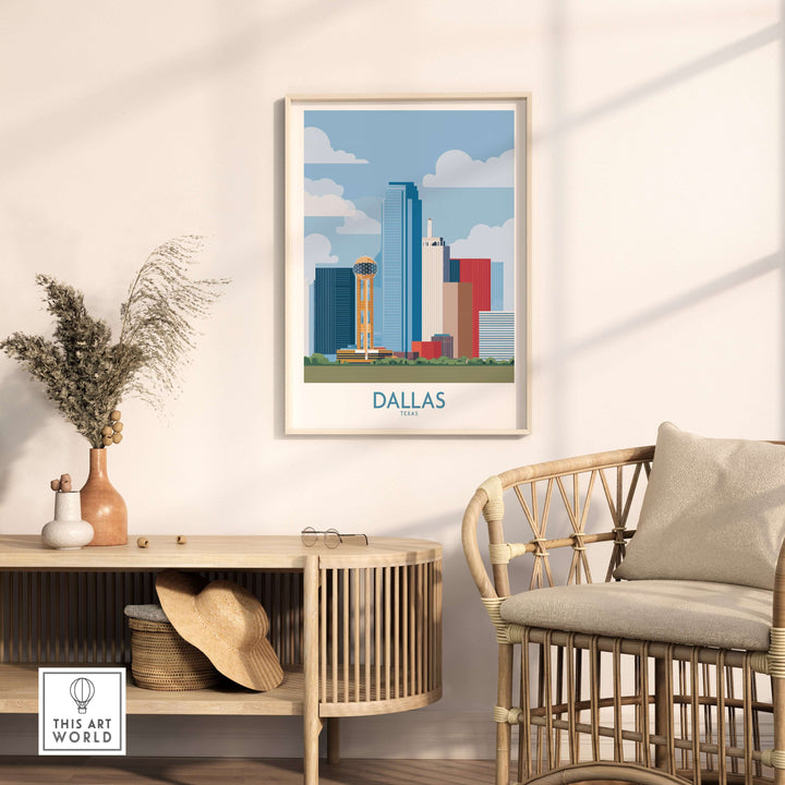 Dallas cityscape poster displayed in a stylish room, showcasing the skyline of Texas as wall art decor.