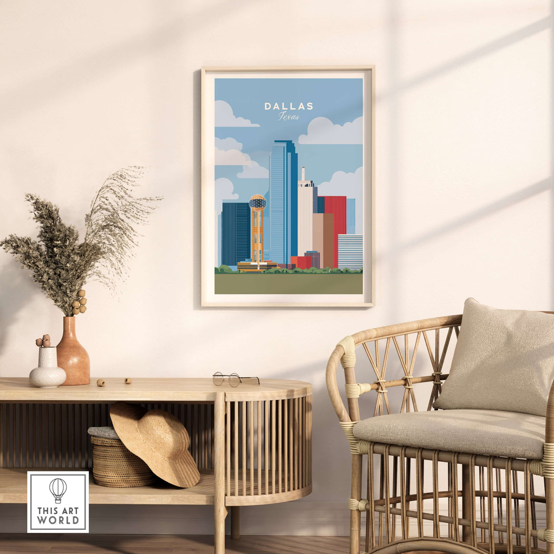 Dallas Texas skyline print featuring Reunion Tower in a stylish interior setting.