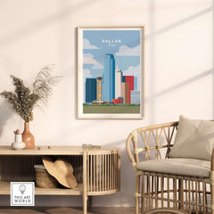 Dallas Texas Iconic Skyline Print - Reunion Tower Wall Art displayed in a stylish interior with a modern aesthetic.