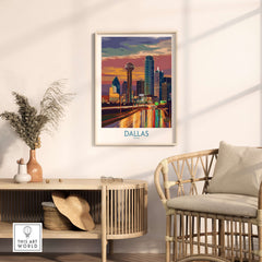 Dallas Downtown at Dusk Wall Art - Texas Urban Decor showcased in a stylish living room setting.