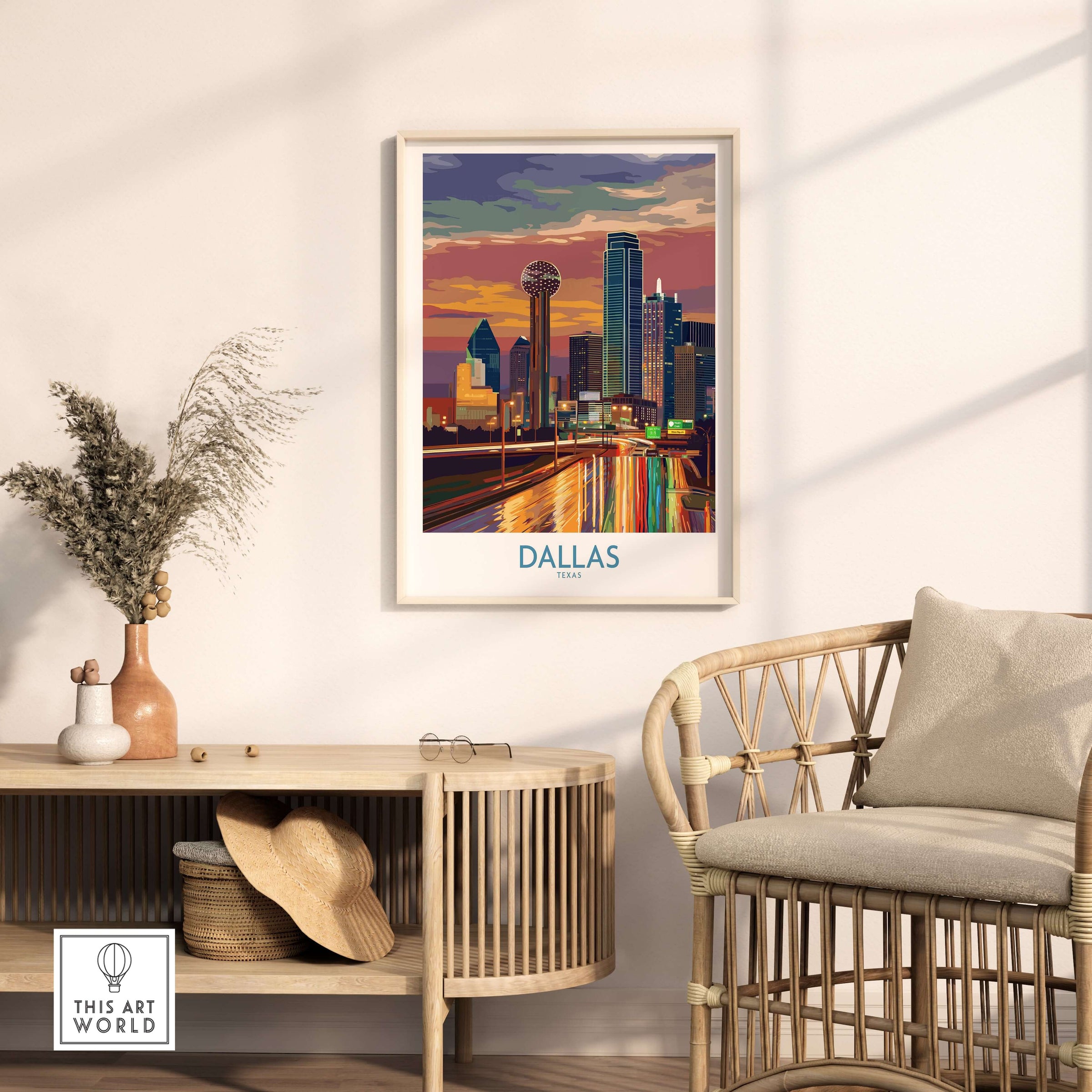 Dallas Downtown at Dusk Wall Art - Texas Urban Decor showcased in a stylish living room setting.