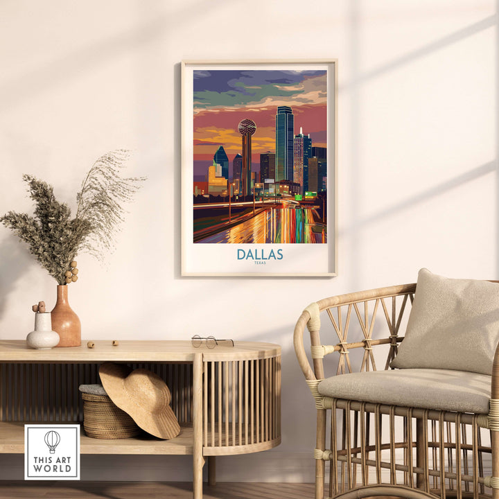 Dallas Downtown at Dusk wall art showcasing the skyline in vibrant colors, perfect for Texas urban decor.