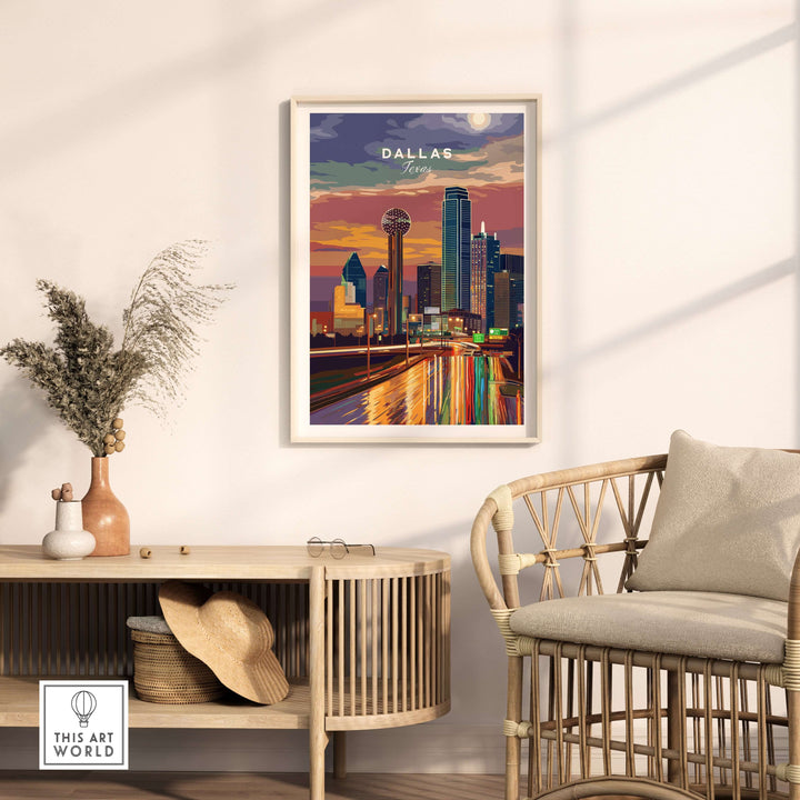 Dallas Texas Highway Night Lights poster in a stylish living room setting, showcasing a vibrant illuminated skyline.