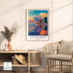Daytona Beach Florida Oceanfront Reflections Poster - Florida Travel Decor in modern living room setting.