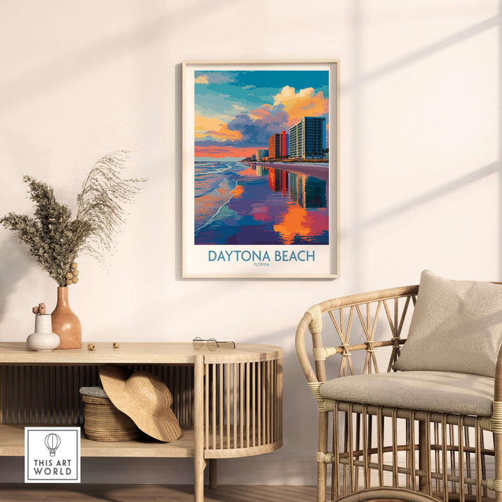 Daytona Beach Florida Oceanfront Reflections Poster framed in a cozy room, showcasing serene coastal beauty.