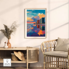 Daytona Beach Sunset Skyline Print - Florida Beachfront Cityscape Wall Art displayed in a stylish living room setting.