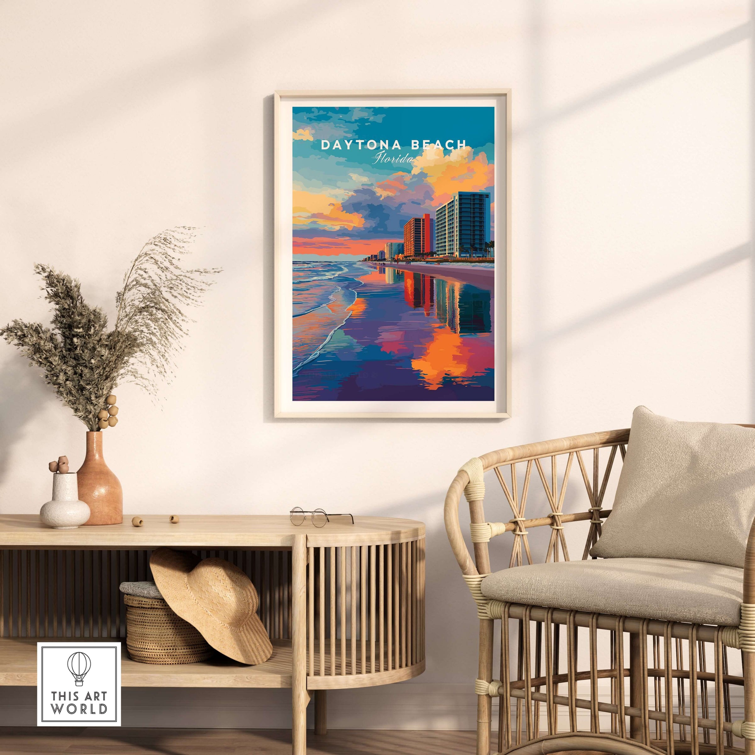 Daytona Beach Sunset Skyline Print - Florida Beachfront Cityscape Wall Art displayed in a stylish living room setting.
