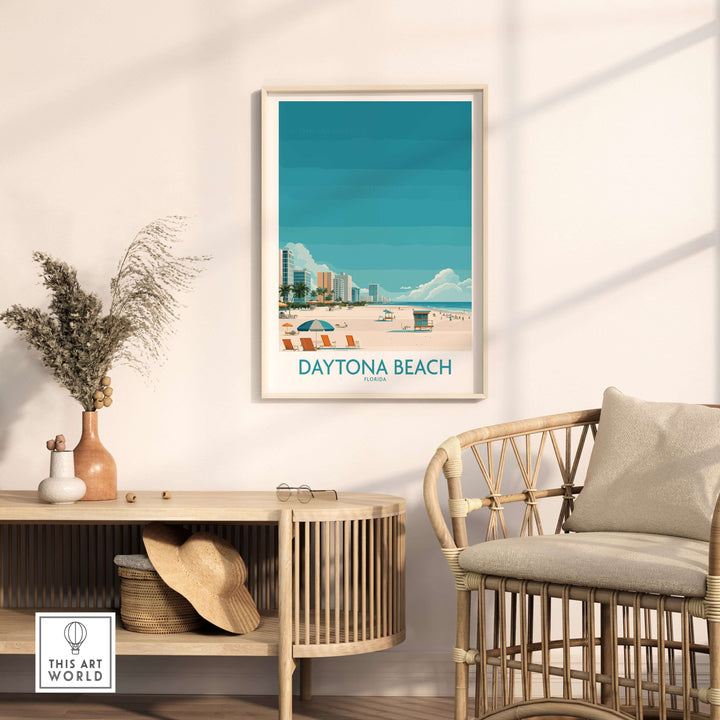 Daytona Beach Tropical Beachfront Poster showcased in a stylish interior, inviting Florida vacation vibes into the home.