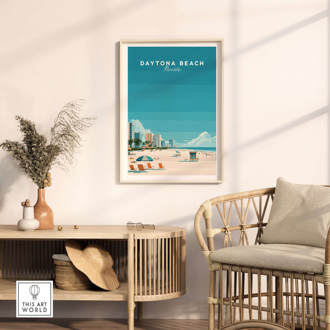 Daytona Beach Florida print featuring a lifeguard station and beach, perfect for sunny wall decor.