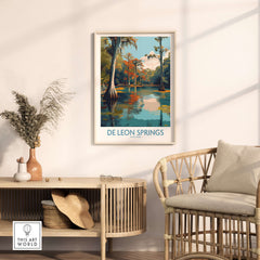 De Leon Springs Cypress Trees & Water Print - Florida Nature Decor in a beautifully framed artwork displayed at home.