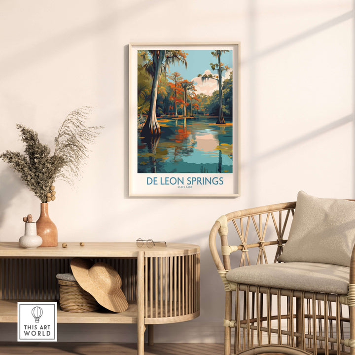 Framed De Leon Springs Cypress Trees & Water Print showcasing serene Florida nature decor in a stylish living room.