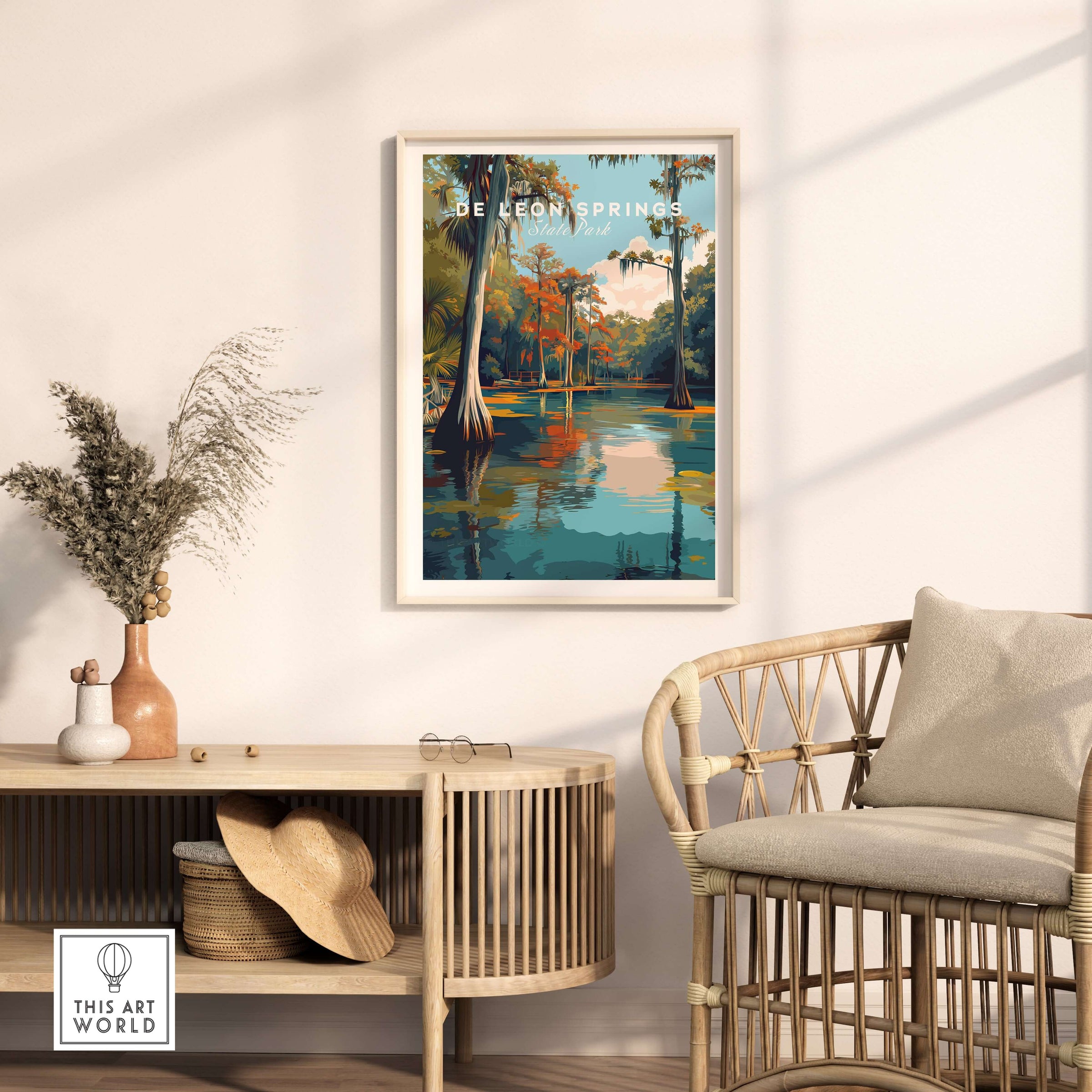 De Leon Springs Poster - Serene Florida State Park Wall Art displayed in a cozy living room setting.