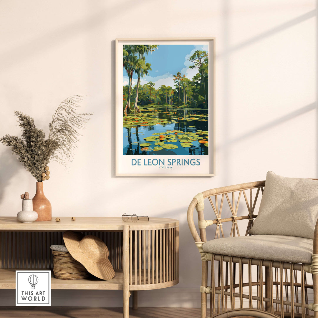 De Leon Springs Florida Green Lily Pond Poster displayed in a stylish interior, highlighting nature and tranquility.