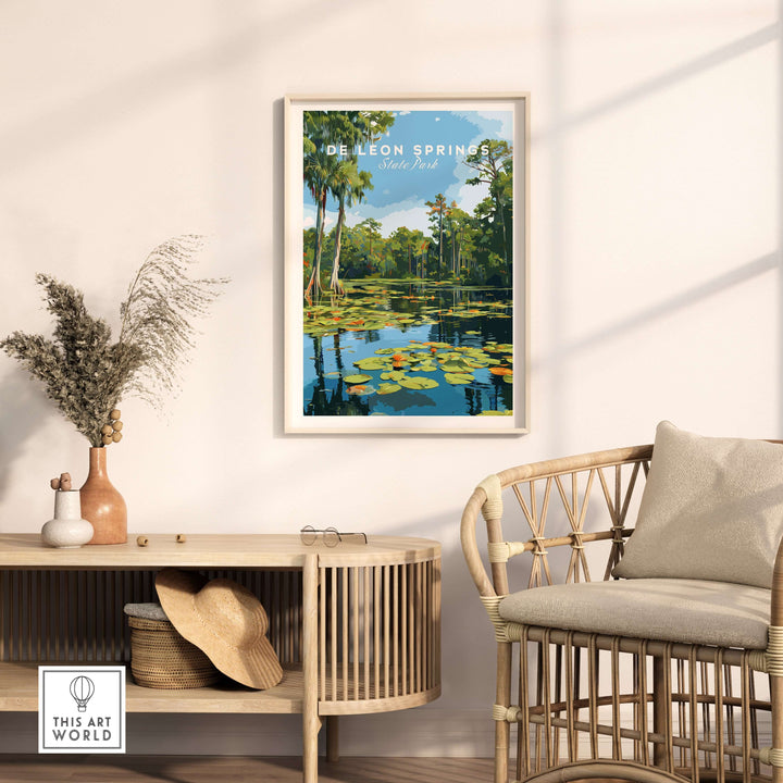 De Leon Springs Lily Pads print on water showcased in a stylish living room, enhancing nature-inspired decor.