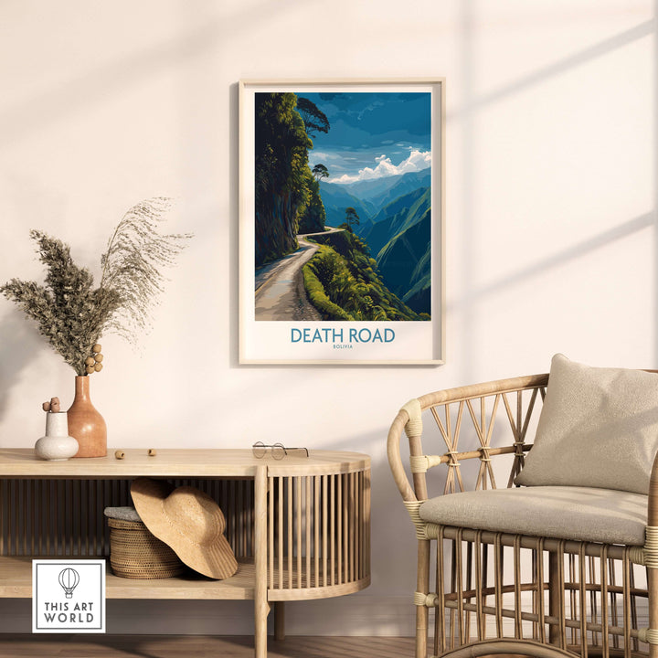 Death Road Bolivia Mountain Art Print | Yungas Camino Poster displayed in a modern living room.