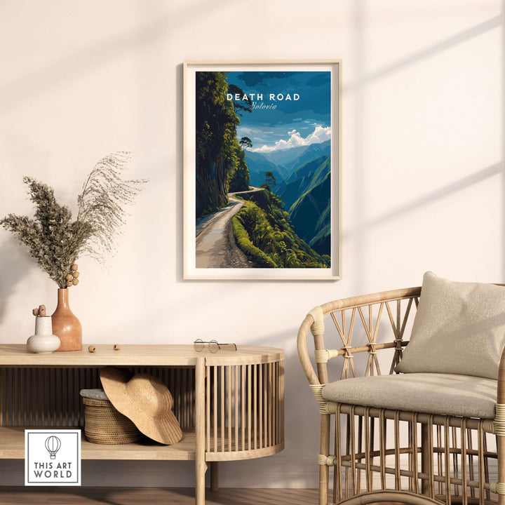 Death Road Print | South America Adventure Decor | Yungas Road Poster framed in a stylish living room setting.