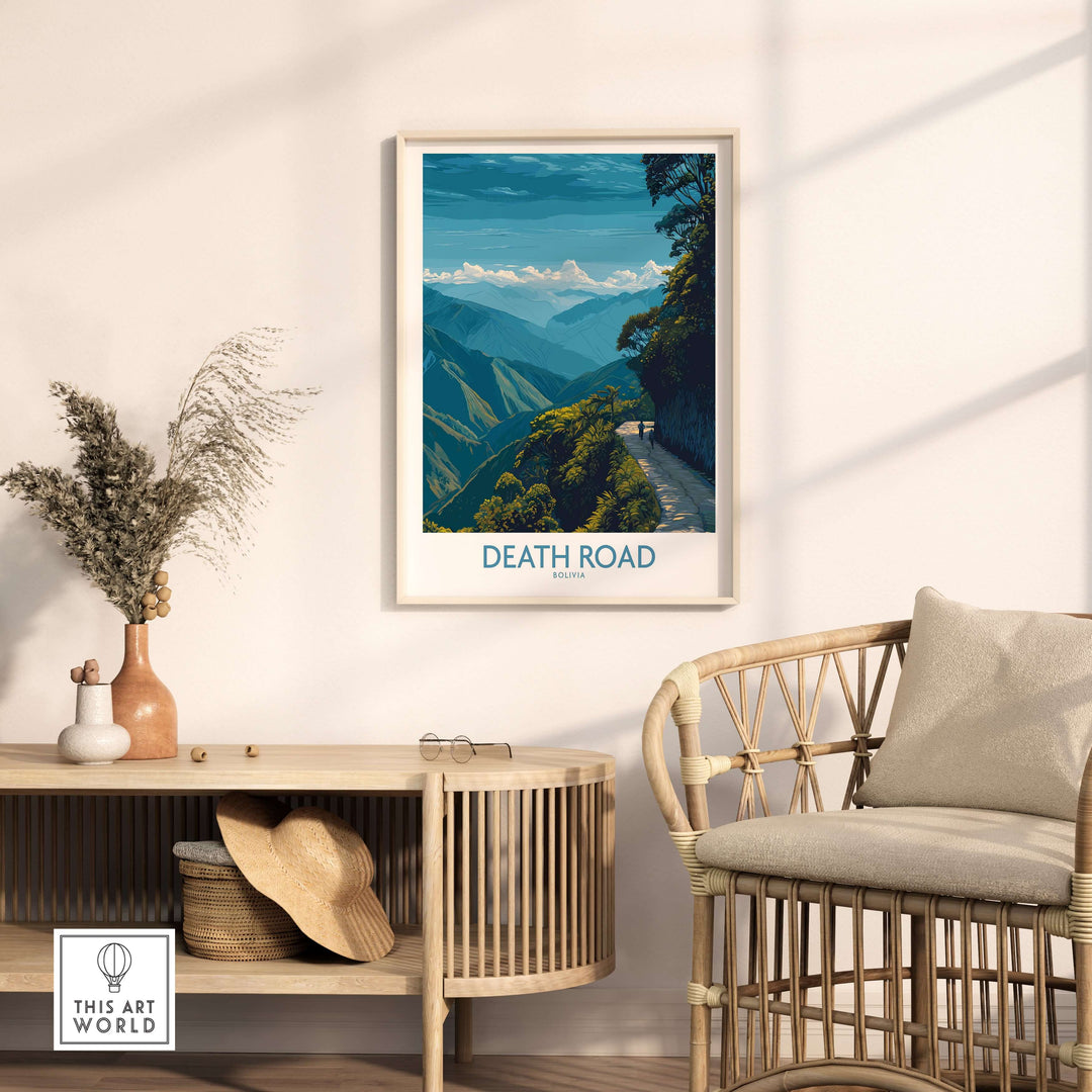 Death Road Bolivia Hiking Trail Art Print | Camino de la Mortes Poster displayed in a cozy interior.