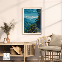 Death Road Yungas Adventure Scenic Print | Bolivian Travel Wall Decor displayed in a modern living room setting.