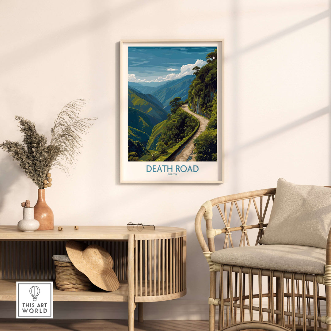 Death Road Bolivia Art Print | Yungas Road Poster featuring a scenic view of Yungas Road in a modern interior setting.
