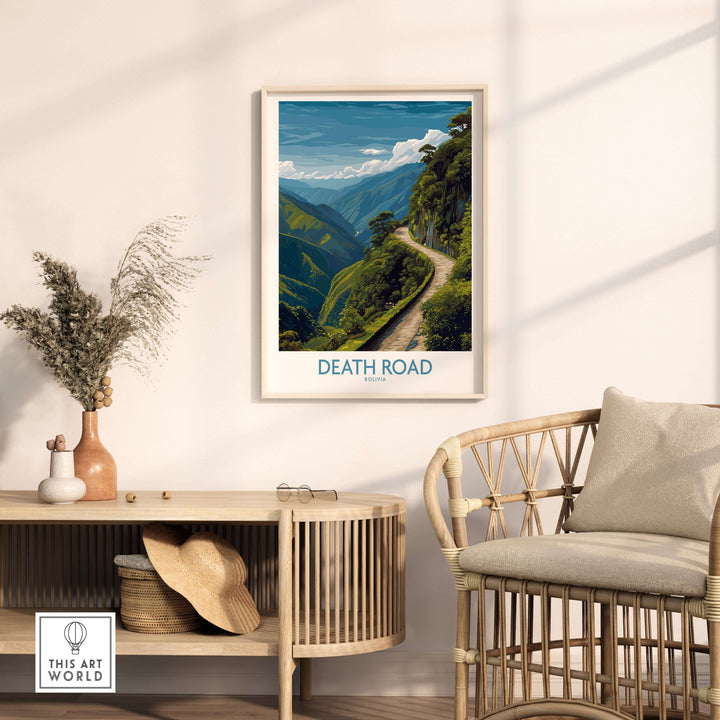 Death Road Bolivia Art Print | Yungas Road Poster featuring a scenic view of Yungas Road in a modern interior setting.