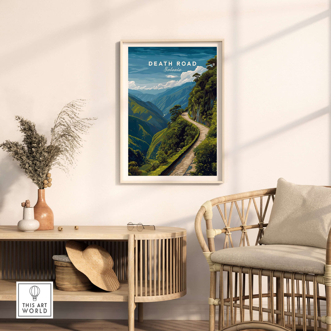 Death Road Andes Print | Yungas Road Poster showcased in a modern living room, framed with scenic mountain views.