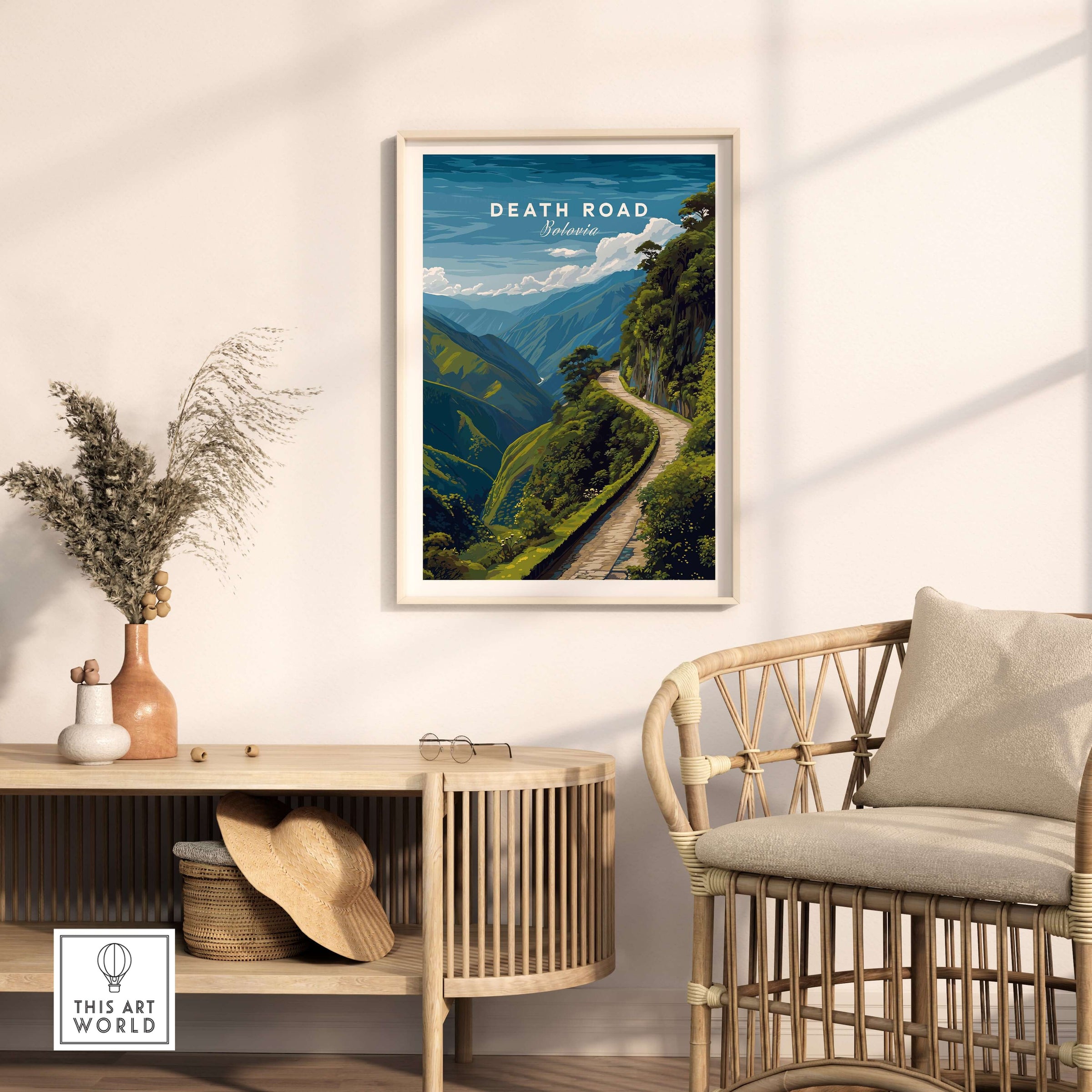 Death Road Andes Print | Yungas Road Poster displayed in a stylish interior setting with natural light.