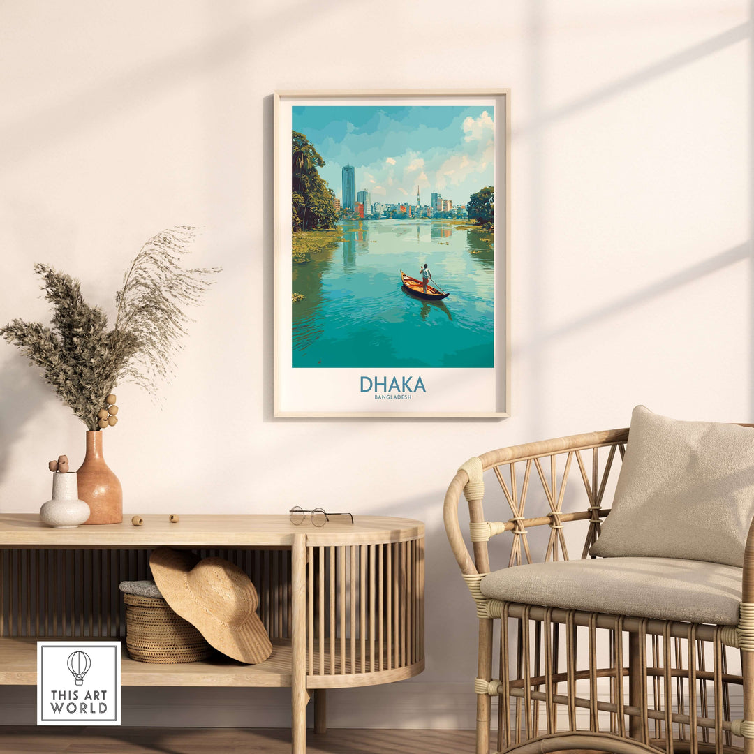 Dhaka Buriganga River poster framed in a stylish room, showcasing vibrant cityscape decor and cultural charm.