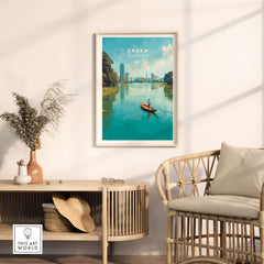 Dhaka Poster Bangladesh River City View Print - Urban Waterfront Wall Art displayed in a modern living room setting.