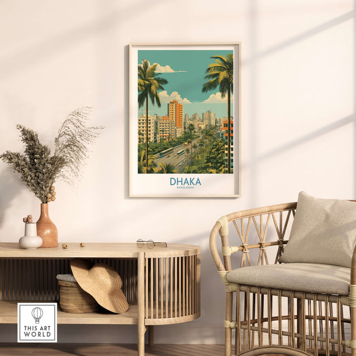 Dhaka cityscape wall art featuring urban landscape and palm trees, perfect for modern decor.