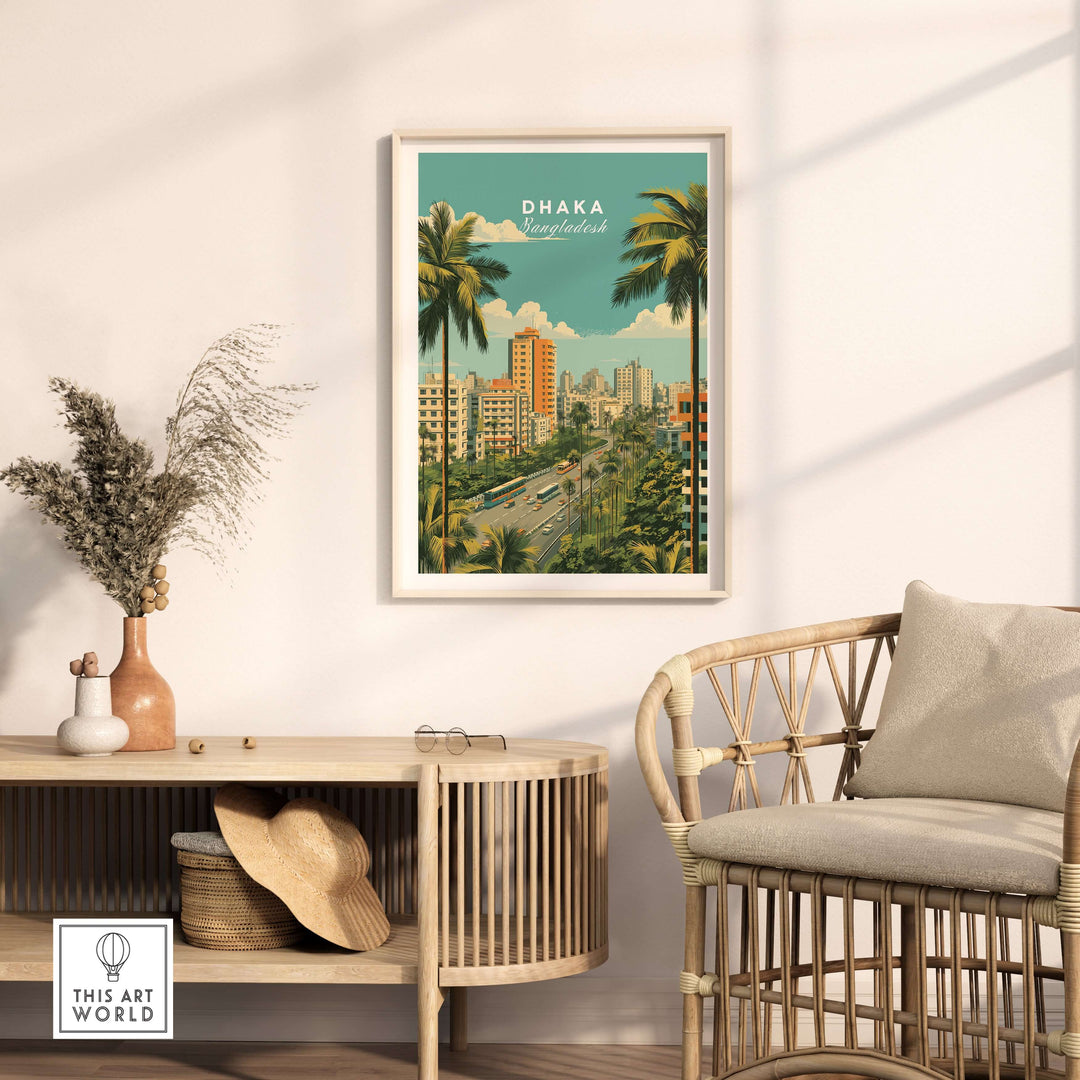 Modern city landscape poster of Dhaka, Bangladesh, showcasing skyline and urban life in a vibrant decor setting.