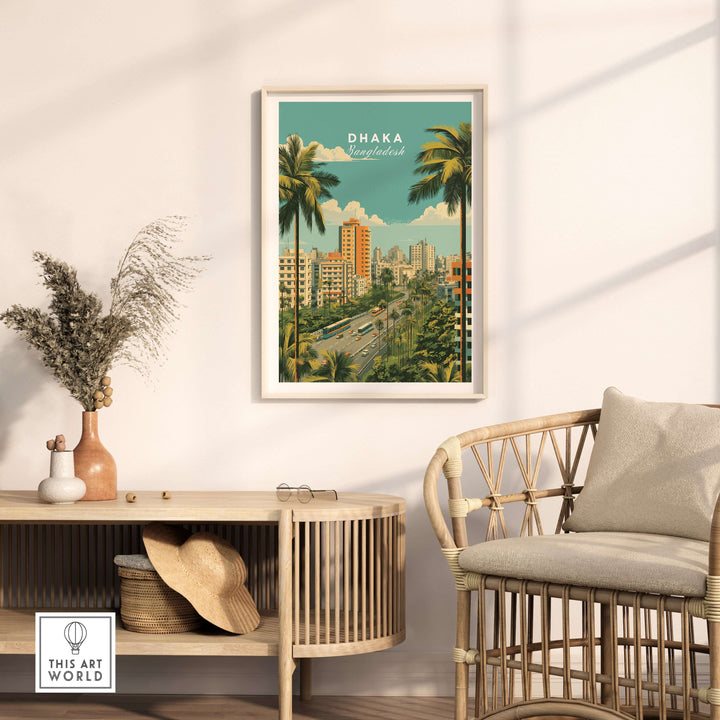 Modern city landscape poster of Dhaka, Bangladesh, showcasing skyline and urban life in a vibrant decor setting.