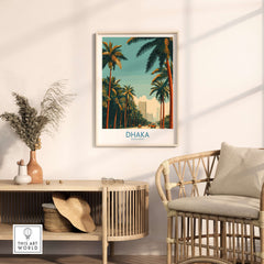 Dhaka Bangladesh Poster - Bangladeshi Travel Scene featuring palm trees and vibrant city life.