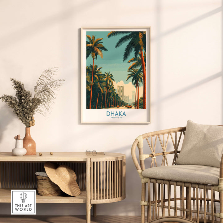 Dhaka Bangladesh poster featuring palm trees and city skyline, perfect for vibrant home décor.