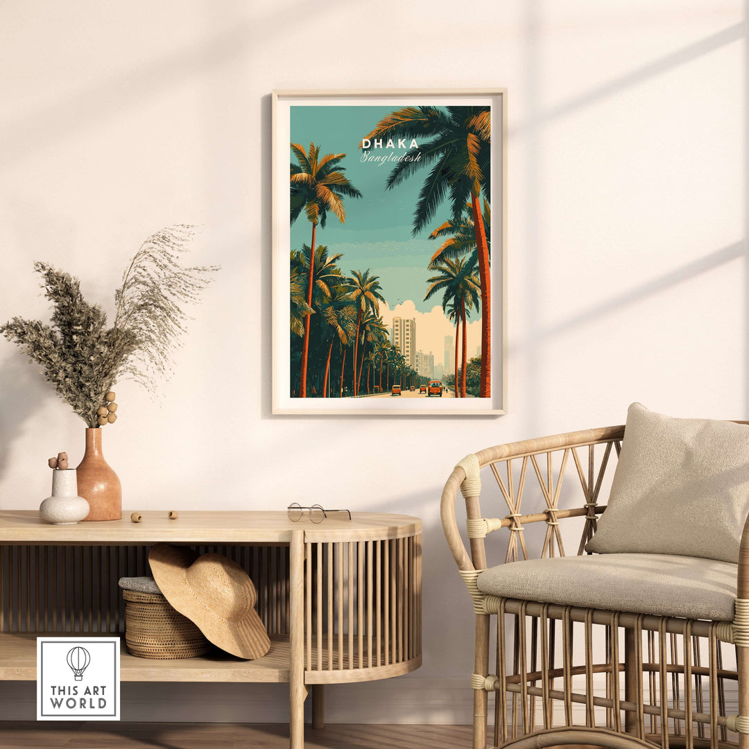 Dhaka Bangladesh print showcasing vibrant city life with palm trees and modern buildings in stylish interior decor.